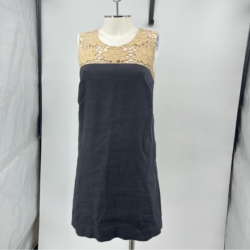 Ann Taylor Loft 100% Linen Sz 0 cream crochet Lace Black Tan Dress Women Formal